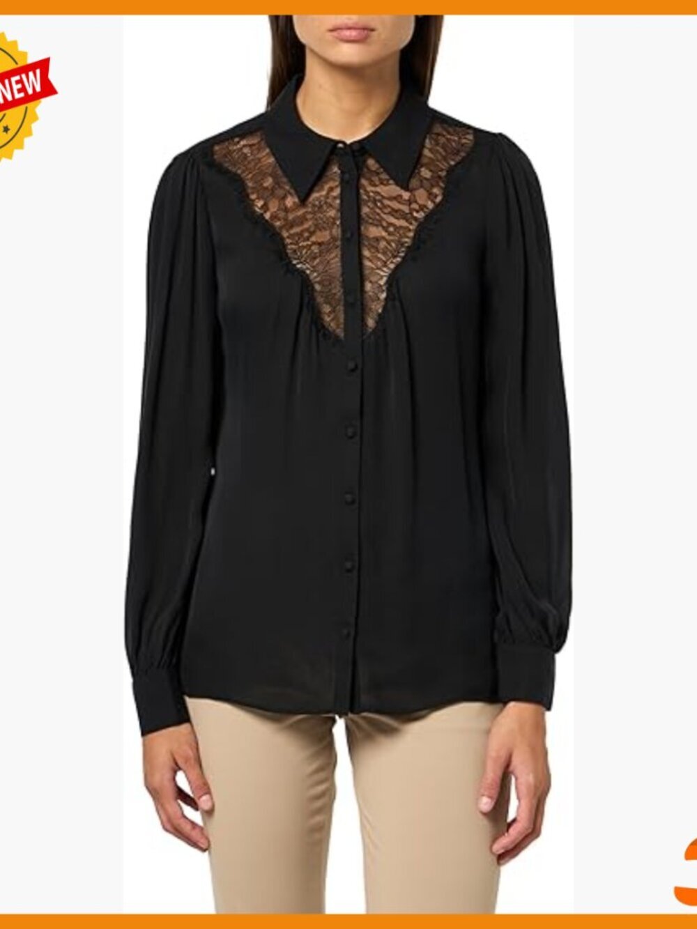Silk Georgette Button-Down Blouse with Lace Insert, Long Sleeve